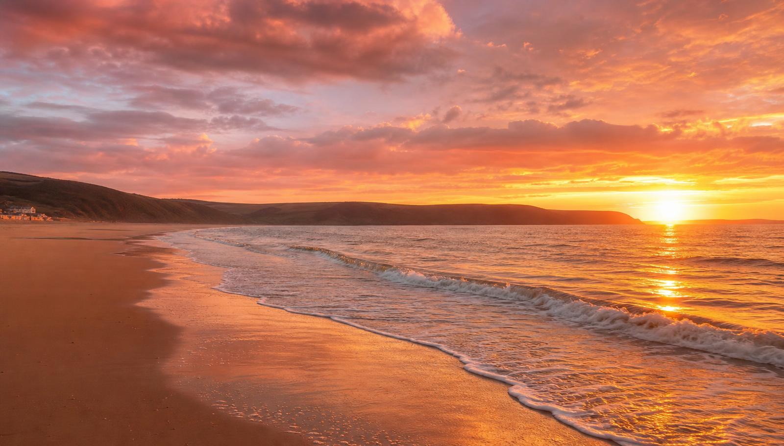 Sunset over Woolacombe beach in North Devon